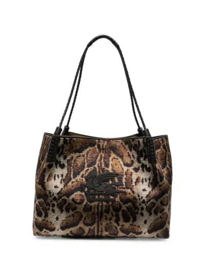 Etro Libra Leopard-print Velvet Tote Bag In Brown