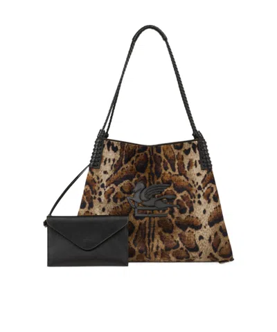 Etro Libra Leopard-print Velvet Tote Bag In Brown