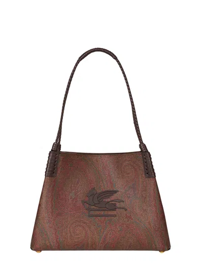 Etro Small Libra Paisley Leather  Tote Bag In Brown