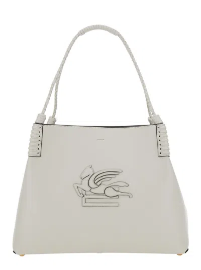 Etro 'libra' White Shoulder Bag With Maxi Logo On The Front In Leather Woman