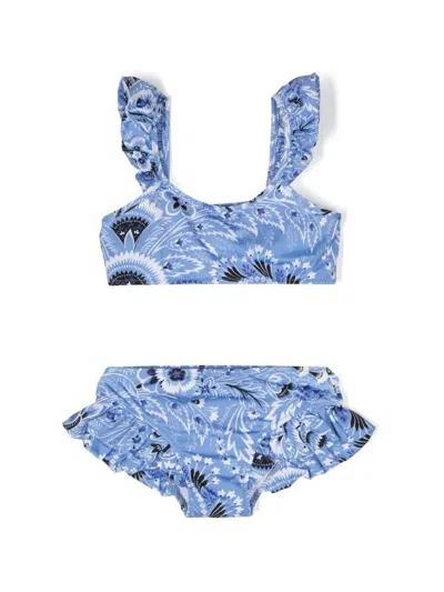 Etro Kids' Light Blue Bikini With Ruffles And Paisley Motif