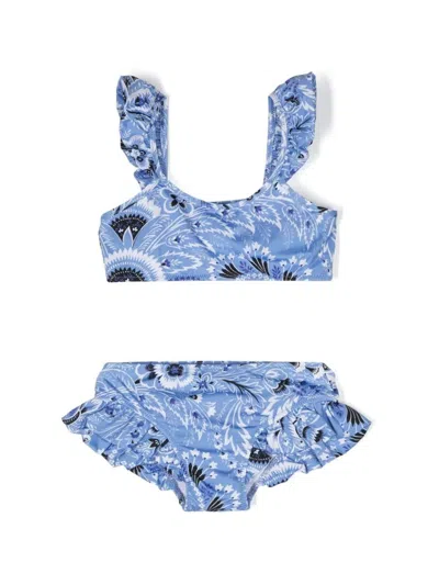 Etro Kids' Light Blue Bikini With Ruffles And Paisley Motif In Clear Blue