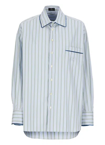 ETRO ETRO LIGHT BLUE COTTON SHIRT WITH CONTRASTING STRIPES