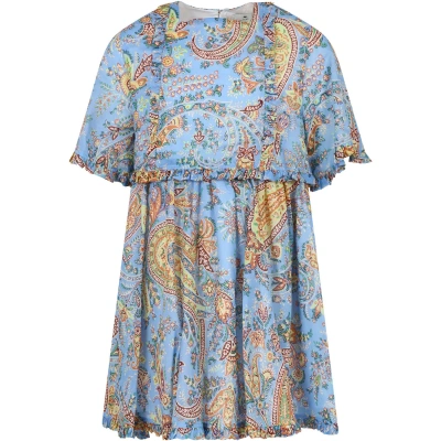 Etro Kids' Light Blue Dress For Girl With Paisley Pattern