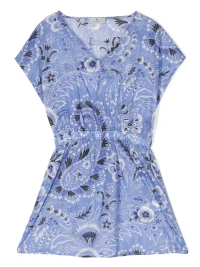 Etro Kids' Floral-print Cotton Dress In Clear Blue