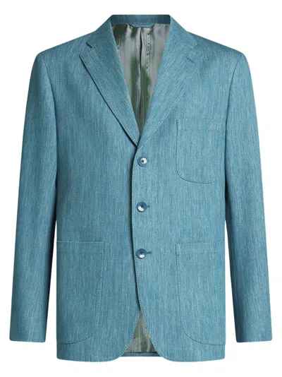 Etro Light Blue Flamed Cotton Blazer In Clear Blue