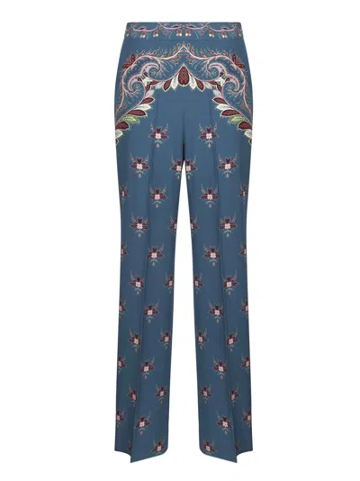 Etro Women Light Blue Floral Print Crepe De Chine Palazzo Trousers
