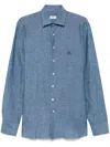 Etro Light Blue Linen Shirt With Embroidered Logo In Blue
