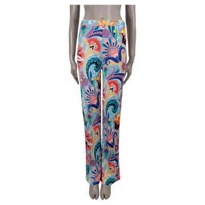 Pre-owned Etro Light Blue Multi Viscose 2024 Paisley High Waisted Flared Pants 44 L