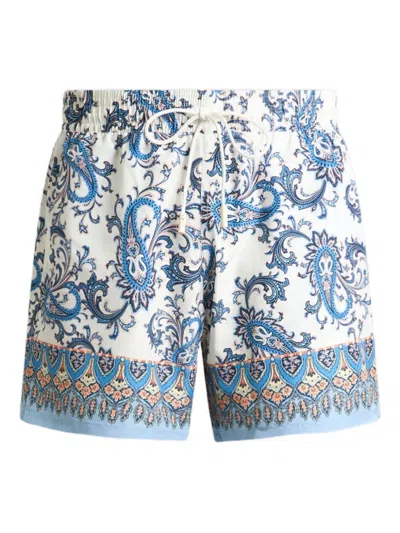 Etro Men Powder Blue Paisley Ramage-printed Swim Shorts In White
