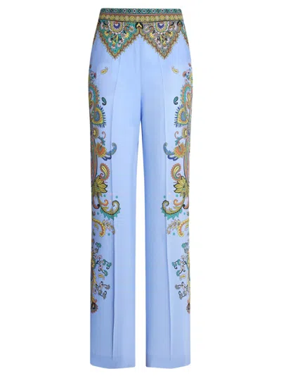 ETRO ETRO LIGHT BLUE SILK PALAZZO TROUSERS WITH FLORAL PRINT