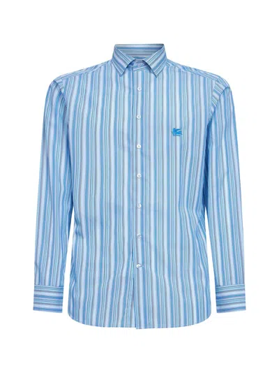 Etro Light Blue Striped Cotton Shirt With Pegaso Embroidery