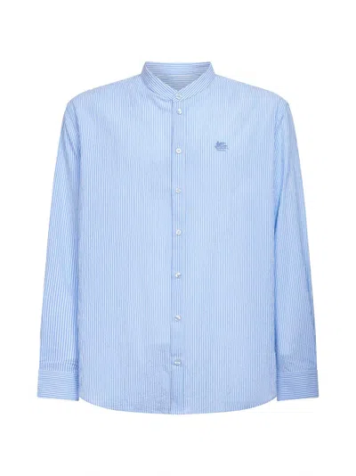 Etro Light Blue Striped Seersucker Cotton Logo Shirt