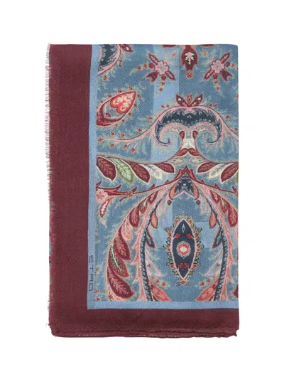 Etro Light Blue Wool And Cashmere Blend Printed Scarf