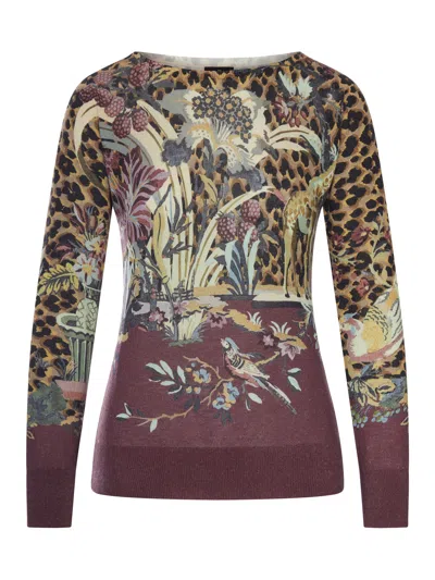 Etro Lightweight Knit Top With Animal And Floral Print In Purple
