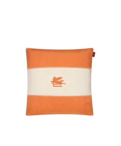 Etro Linen Cushion With Embroidered Pegaso In Orange