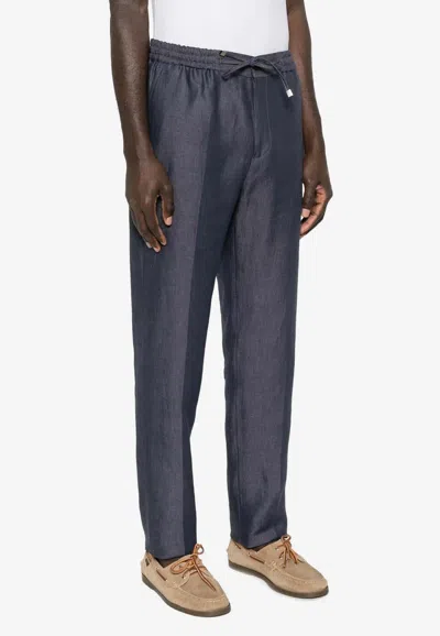 Etro Linen Drawstring Track Pants In Blue