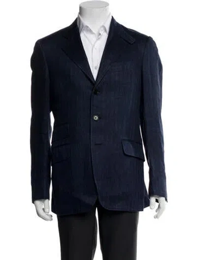 Pre-owned Etro Linen Grosgrain Trim Blazer In Blue