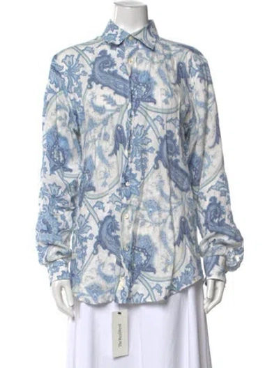 Pre-owned Etro Linen Paisley Print Button-up Top In Blue/white