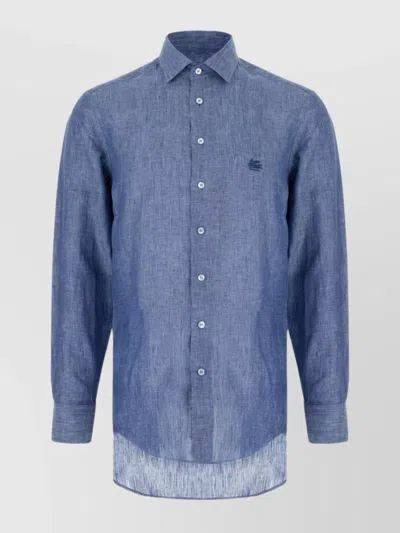 Etro Linen Shirt With Pointed Collar And Long Sleeves In Blue