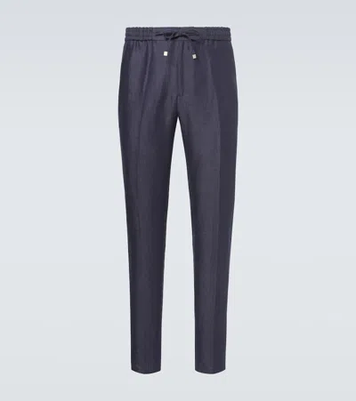 Etro Linen Slim Pants In Blue