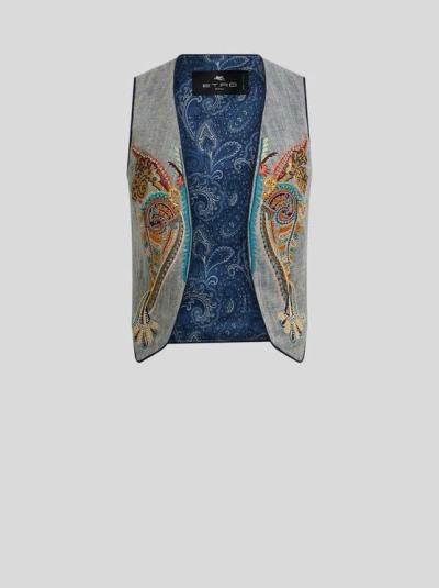 Etro , Linen-blend Jacquard Waistcoat With Paisley Foliage Embroidery, Woman, Grey, Size 40