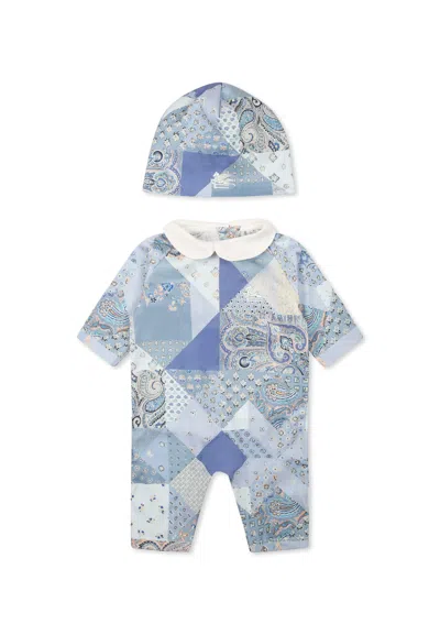 Etro Linght Blue Babygrow Set For Baby Girl With Paisley Print In Light Blue