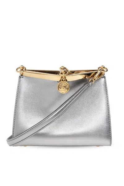 Etro Logo Charm Metallic Shoulder Bag In Silver