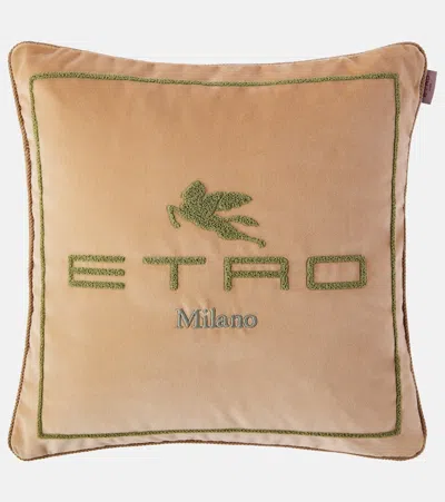 Etro Logo Cotton And Wool Cushion In Sand