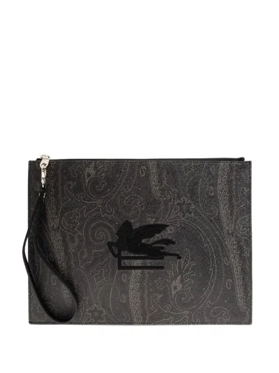 Etro Paisley Clutch Bag Rectangular Shape Wrist Strap In Gray