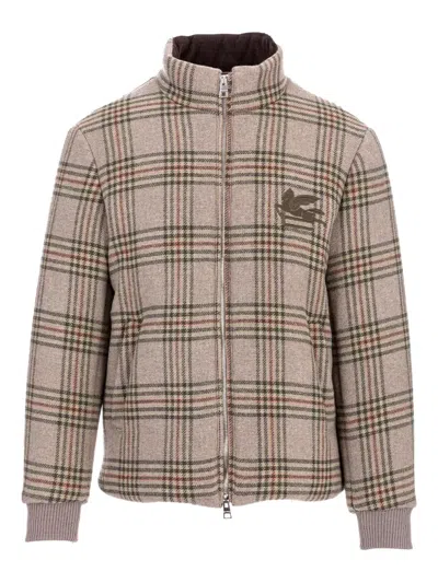 Etro Logo-embroidered Checked Jacket In Neutral