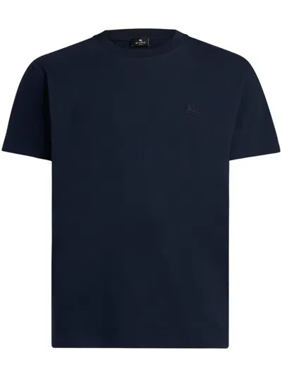 Etro Pegaso Embroidery Cotton Crew Neck T Shirt In Blue