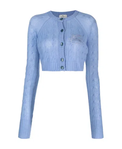 Etro Logo-embroidered Cropped Cardigan In Blue