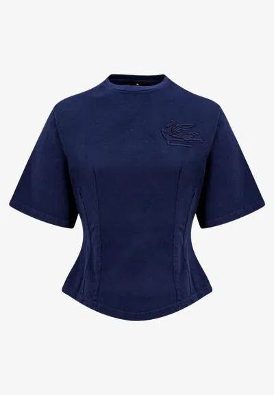 Etro Logo-embroidered Fitted T-shirt In Blue