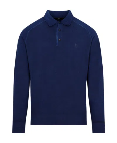 Etro Logo-embroidered Long-sleeve Polo Shirt In Blue