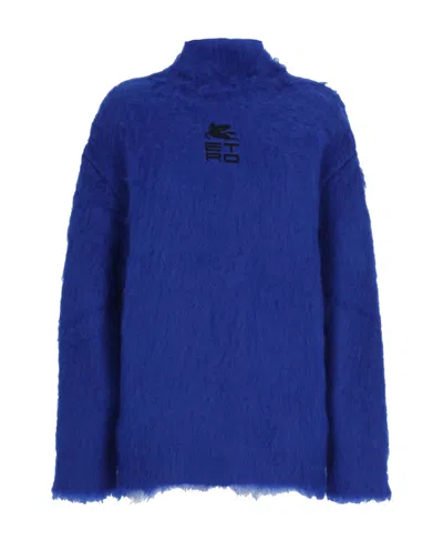 Etro Logo-embroidered Roll Neck Jumper In Blue
