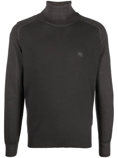 Etro Logo-embroidered Roll-neck Jumper In Grey