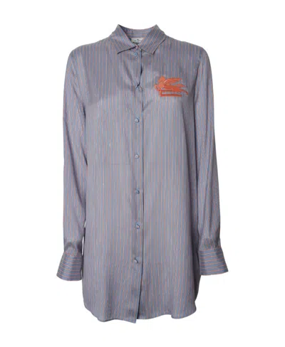Etro Logo-embroidered Silk Shirt In Gray