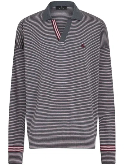 Etro Logo-embroidered Striped Polo Shirt In Grey