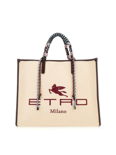 Etro Logo Embroidered Tote Bag In Beige