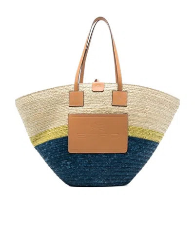 Etro Logo-patch Straw Tote Bag In Nude