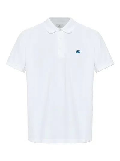 Etro Men White Cotton Pique Polo Shirt With Pegaso Embroidery