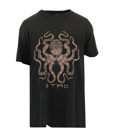 Etro Logo Printed Distressed Crewneck T-shirt In Black