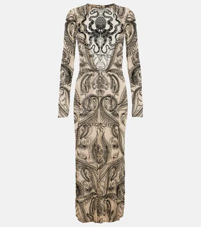 Etro Logo Printed Tulle Midi Dress In Beige