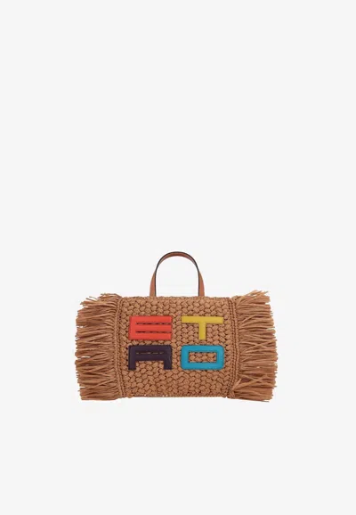 Etro Logo Raffia Tote Bag In Beige