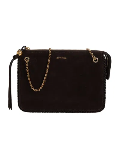 Etro Logo-plaque Suede Shoulder Bag In Brown