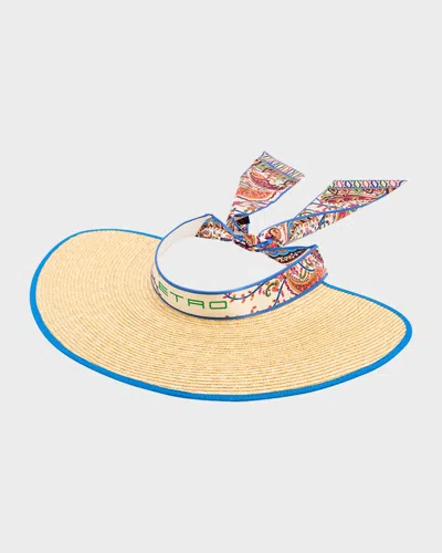 Etro Logo Straw Visor With Paisley-print Ties In Brown