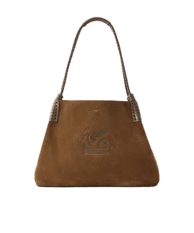 Etro Logo-debossed Leather-trimmed Suede Tote In Brown