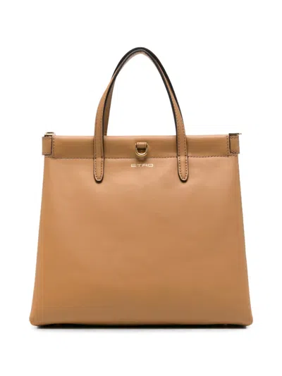 Etro Logo-detail Leather Tote Bag In Brown