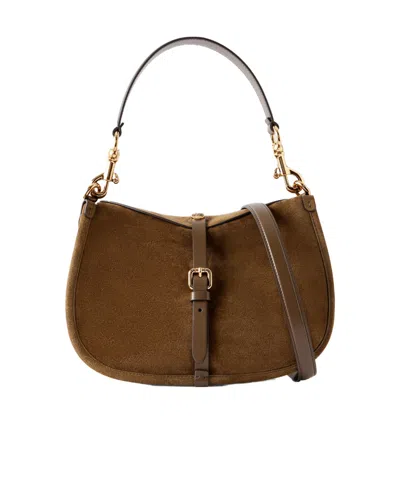 Etro Logo-detailed Leather-trimmed Suede Shoulder Bag In Brown